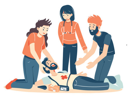Illustration of three people providing first aid to an injured man lying on the ground.