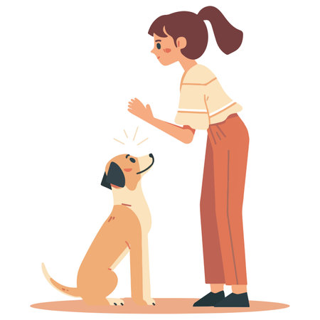 This illustration depicts a woman sitting on the floor, engaging with her dog.のイラスト素材