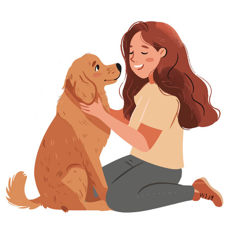 This illustration depicts a woman sitting on the floor, engaging with her dog.のイラスト素材