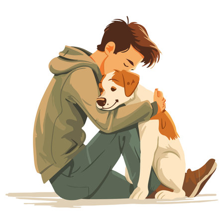This heartwarming illustration shows a man sitting on the floor, embracing his dog.のイラスト素材