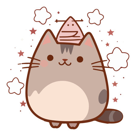 A charming illustration of a cute, chubby cat wearing a small party hat.のイラスト素材