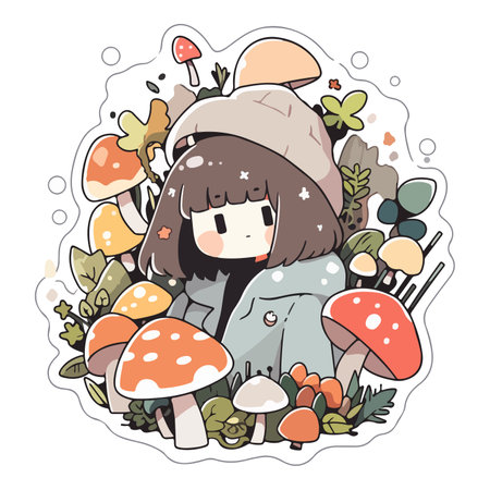A charming illustration of a young girl dressed as a mushroom, surrounded by various whimsical mushrooms.のイラスト素材