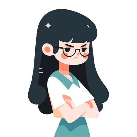 An illustration of a pensive girl with long, dark hair and glasses, looking off to the side.のイラスト素材