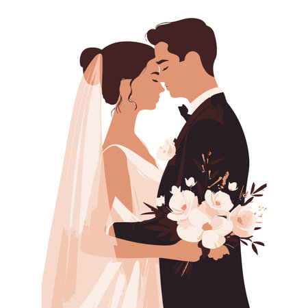 A beautiful illustration of a bride and groom in a loving embrace on their wedding day.のイラスト素材