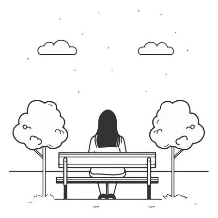 A minimalist black and white illustration of a woman sitting alone on a park bench, facing away.のイラスト素材