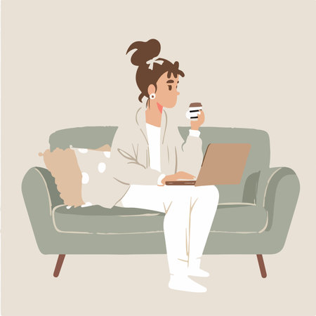 A minimalist illustration of a woman sitting on a green sofa, working on a laptop.のイラスト素材