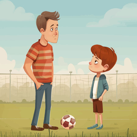 A father and son stand on a soccer field, sharing a moment of connection.のイラスト素材
