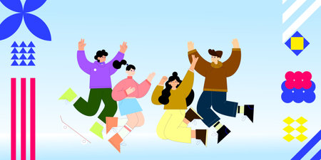 A vibrant illustration of four friends jumping in joy.のイラスト素材
