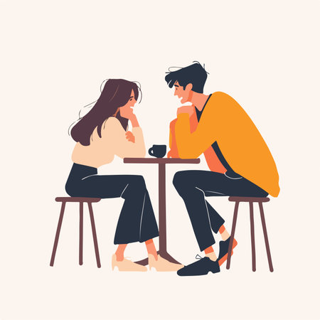 A minimalist illustration of a couple sitting at a cafe table, deeply engaged in conversation.のイラスト素材