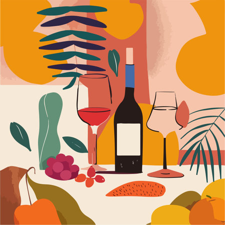 A modern, abstract illustration featuring a wine bottle, a glass of red wine, and a cocktail glass.のイラスト素材