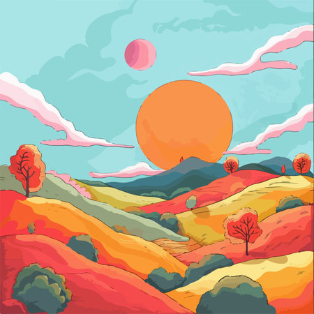 A vibrant abstract landscape featuring rolling hills in shades of red, orange, and yellow.のイラスト素材
