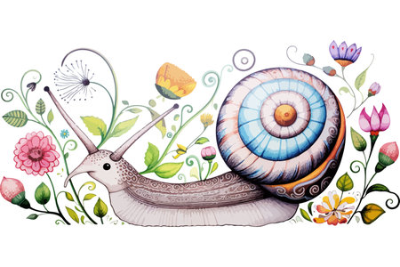 A whimsical illustration of a snail with an intricately patterned shell, surrounded by a variety of colorful flowers and leaves.のイラスト素材