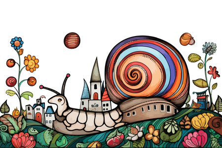A whimsical illustration of a snail with an intricately patterned shell, surrounded by a variety of colorful flowers and leaves.のイラスト素材