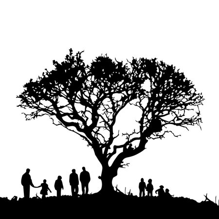 A striking silhouette illustration of a family gathered under a large, intricate tree.のイラスト素材