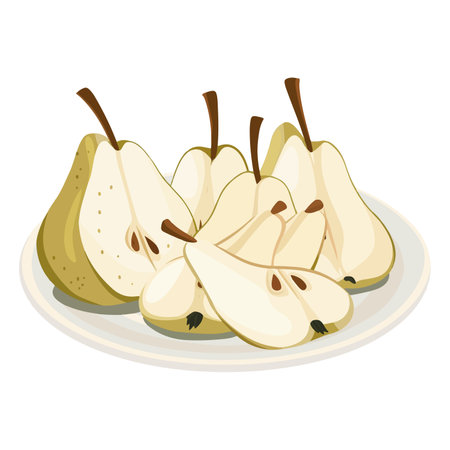 A vibrant illustration of fresh pears, featuring two whole pears and one sliced pear showcasing its juicy interior.のイラスト素材