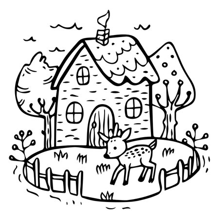 A charming black and white illustration of a whimsical forest cottage with a deer standing beside it.のイラスト素材