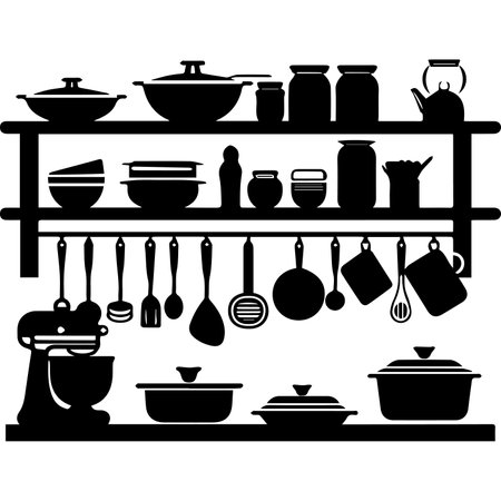 A detailed silhouette illustration of various kitchen utensils and cookware arranged on shelves.のイラスト素材
