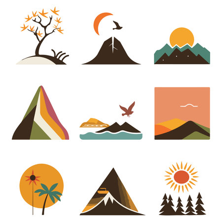 A collection of nature-themed vector icons, featuring stylized mountains, flowers, birds, and landscapes.のイラスト素材