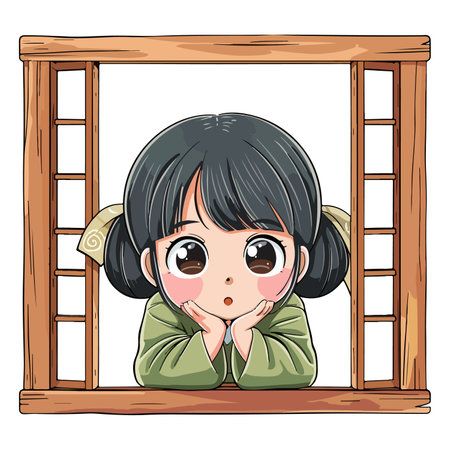 A cute cartoon of a girl with big eyes and black hair, resting her chin on her hands, looking thoughtful.のイラスト素材