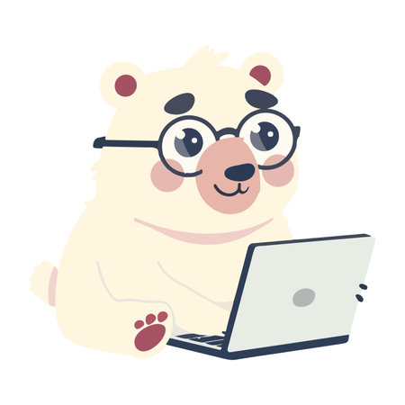 This adorable illustration features a cartoon bear wearing round glasses and using a laptop.のイラスト素材