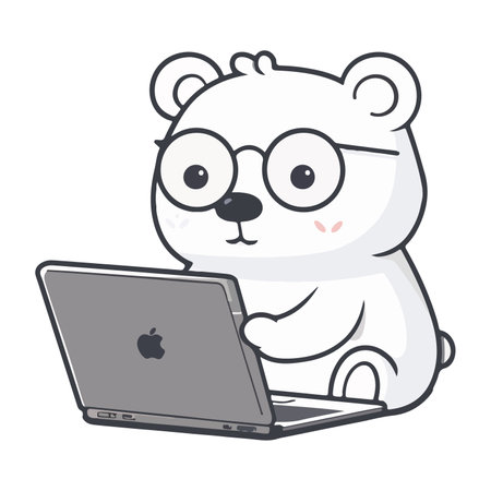 This adorable illustration features a cartoon bear wearing round glasses and using a laptop.のイラスト素材