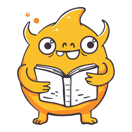 This playful illustration features a yellow cartoon monster with blue horns, sitting cross-legged and reading a book.のイラスト素材