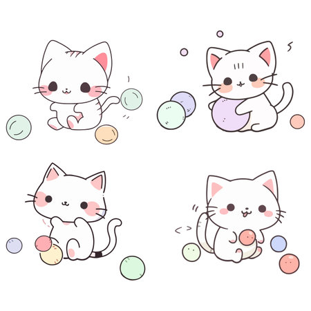 This illustration features four adorable kittens playing with colorful balls.のイラスト素材