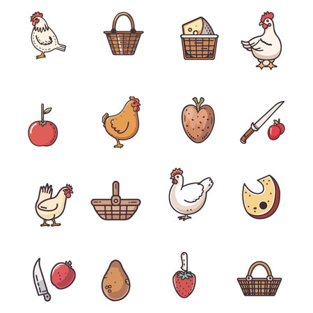 A collection of charming icons representing farm-fresh produce and items.のイラスト素材