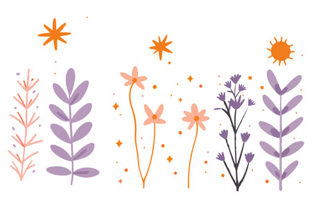A simple, pastel-colored illustration featuring various flowers and a crescent moon with stars.のイラスト素材