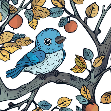 A charming illustration of a blue bird perched on a tree branch.のイラスト素材