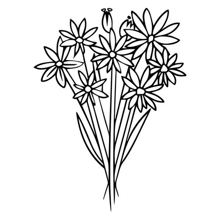A simple and charming black-and-white line art illustration featuring a bouquet of flowers with smiling faces.のイラスト素材
