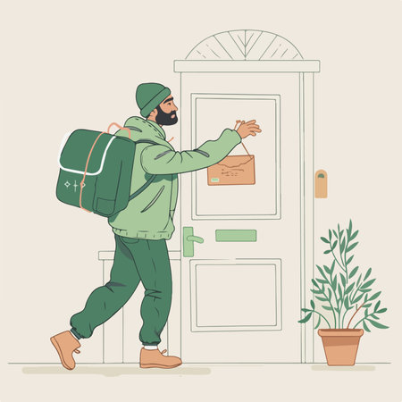 An illustration of a courier dressed in a green jacket, hat, and pants, delivering a package to a front door.のイラスト素材