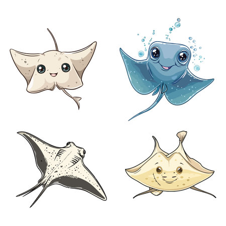 This illustration features a collection of four adorable cartoon stingrays.