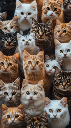 A captivating close-up of a diverse group of cats, featuring various breeds and colors, all looking directly at the camera with curious expressions. The image showcases the unique features and personalities of each cat, creating a charming and engaging scene.の素材