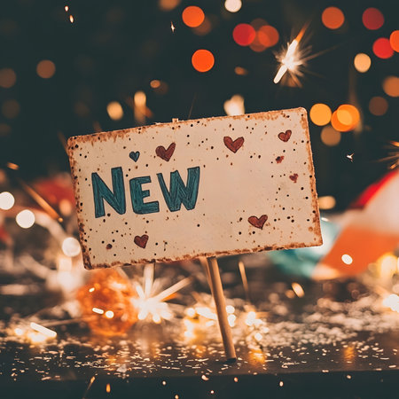 A festive sign reading 'NEW' decorated with hearts, set against a backdrop of sparkling lights and a blurred festive atmosphere. The sign is crafted with a rustic touch, adding a warm and inviting feel to the scene.の素材