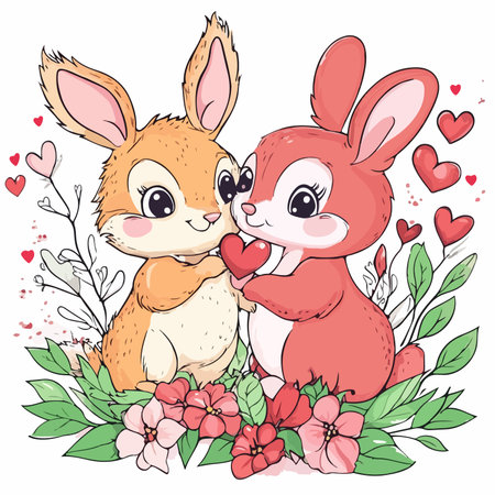 A charming illustration of two adorable rabbits sharing a heart, surrounded by flowers and hearts. The orange and pink bunnies convey a sense of love and friendship, making it a perfect representation of affection.のイラスト素材