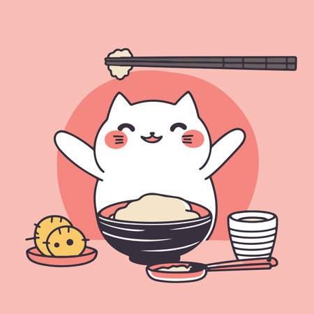 A cheerful cartoon cat with a wide smile is joyfully presenting a bowl of rice, accompanied by a plate of dumplings and a cup.のイラスト素材