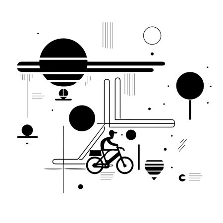 A minimalist black and white illustration depicting a cyclist riding through a cosmic landscape filled with abstract planets and geometric shapes.のイラスト素材
