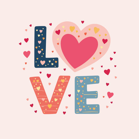 A playful and vibrant illustration featuring the word 'LOVE' in bold letters, decorated with colorful hearts.のイラスト素材