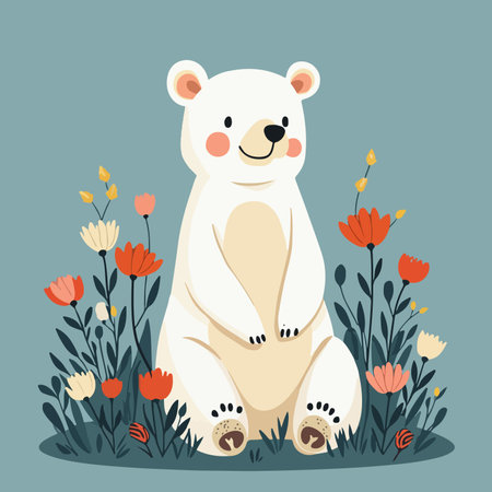 A charming illustration of a polar bear sitting amidst colorful flowers.のイラスト素材