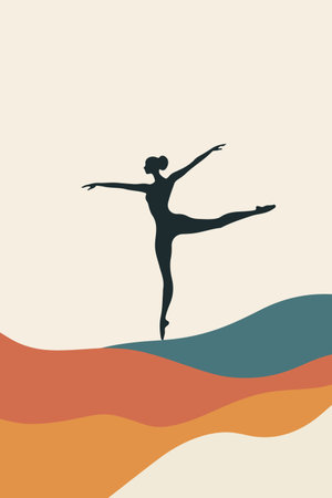 A minimalist illustration of a ballet dancer in a graceful pose, set against a backdrop of flowing, abstract waves in warm and cool colors.のイラスト素材