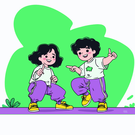 A vibrant illustration of two children dancing joyfully. They are wearing matching outfits with purple pants and white t-shirts, showingcasing playful expressions.のイラスト素材