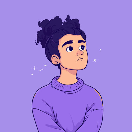 A digital illustration of a young person with curly hair, wearing a cozy purple sweater. The character is gazing upwards with a thoughtful expression against a soft purple background, conveying a sense of introspection and curiosity.のイラスト素材