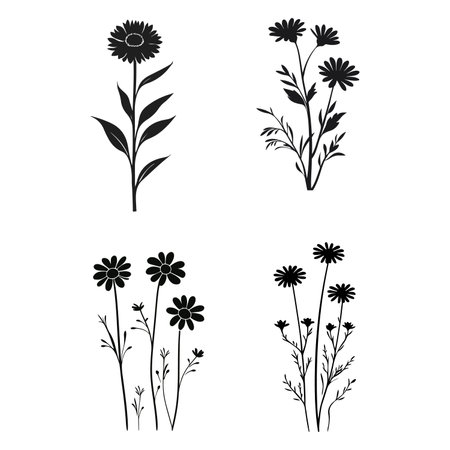 A collection of four elegant floral silhouettes featuring various types of flowers and leaves.のイラスト素材