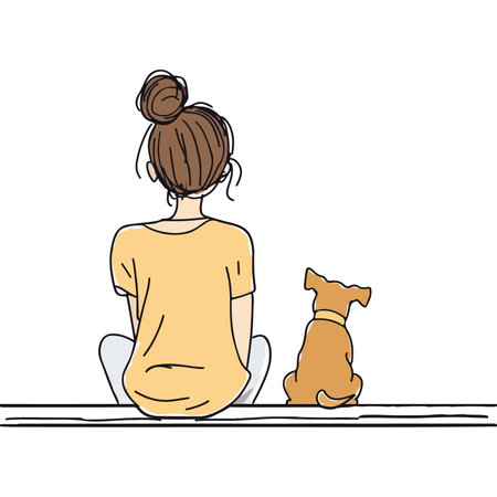 A minimalist illustration of a girl sitting on a ledge with her dog. The girl, with her hair in a bun, is wearing a yellow shirt and light pants, gazing into the distance. The dog, a small brown breed, sits beside her, both enjoying a moment of tranquility.のイラスト素材