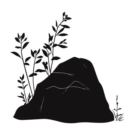 A minimalist black silhouette of a rock surrounded by various plants. The design emphasizes the natural elements, showcasing the contrast between the solid rock and the delicate foliage.のイラスト素材