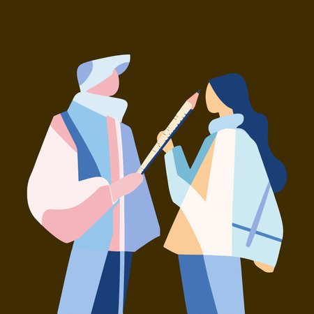 A stylized illustration of two individuals engaged in a discussion. One person holds a pencil,...