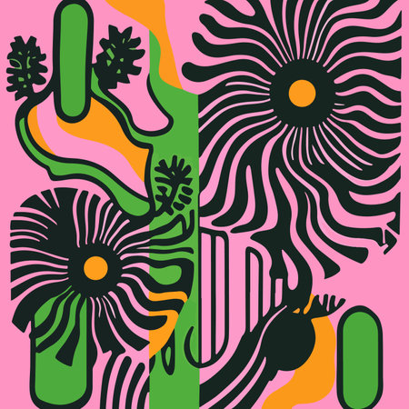 A vibrant abstract artwork featuring bold, swirling floral patterns and organic shapes.のイラスト素材