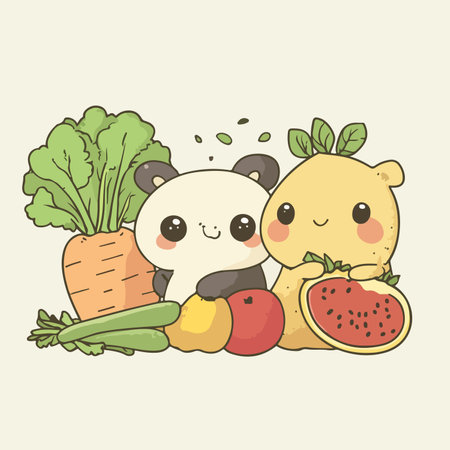 A whimsical illustration featuring a cute panda character and a cheerful lemon character surrounded by an assortment of fresh vegetables, including a carrot, bell peppers, and a watermelon.のイラスト素材