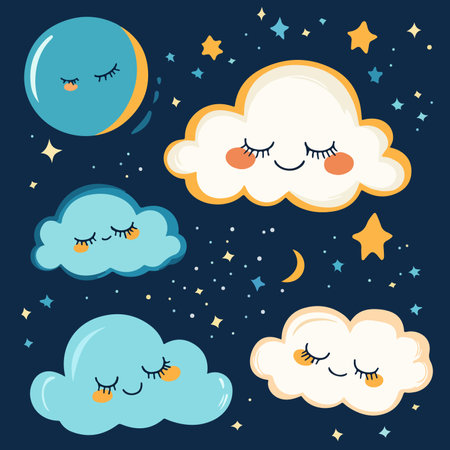 A whimsical illustration featuring cute, smiling clouds, a crescent moon, and twinkling stars against a deep blue night sky. The clouds are in varying shades of blue and white, with rosy cheeks and closed eyes, creating a serene and dreamy atmosphere.のイラスト素材